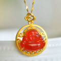 wholesale 925 silver gold-plated pendant with certified red jade laughing Buddha, inlaid with agate and chalcedony, women's Maitreya hanging piece-0-0