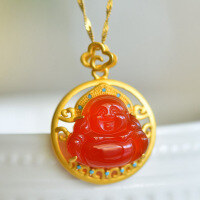 wholesale 925 silver gold-plated pendant with certified red jade laughing Buddha, inlaid with agate and chalcedony, women's Maitreya hanging piece-Red agate pendant (approx. 25*18mm) (without chain)  925 silver
