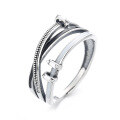 wholesale S925 Sterling Silver Fashion Minimalist Distressed Cross Irregular Twisted White Stripe Statement Adjustable Ring-0-4