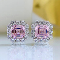 wholesale 18K gold new 2-carat pagoda-cut fancy color diamond stud earrings for women, simulated Asscher-cut yellow diamond and pink diamond-E168-Pink Diamond>925 Silver