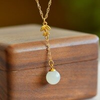 wholesale 925 silver gold-plated round bead bamboo leaf jade necklace with certificate, inlaid with antique-style Hetian jade pendant-Gold single pendant (without chain) >925 silver