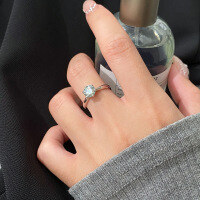 wholesale S925 Sterling Silver Fresh and Sweet Style Minimalist Design Six-Prong Moissanite Single Diamond Simple Ring R02728-S925 silver ring Adjustable opening