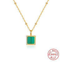wholesale S925 Sterling Silver Square Natural Stone Pendant Necklace, Agate Malachite Women's Choker-Gold-Malachite 925 Silver