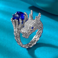 wholesale S925 Silver New Chinese Style Dragon Year Ring 8*8mm Simulated Blue Sapphire Sugar Loaf Solitaire Original Live Stream Ring-R1063 9