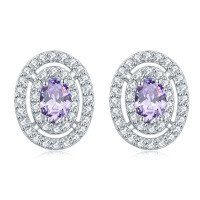 wholesale S925 Sterling Silver Cross-Border New Oval Stud Earrings, European and American Fashion Full Row of Zirconia Diamond Stud Earrings, High-End Wholesale-Purple Blue [June] 925 Silver
