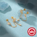 wholesale S925 Sterling Silver Double Five-Point Star Chain Drop Earrings with Tassels and Crystal Accents,。-0-3