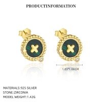 wholesale S925 Sterling Silver Round Vintage Button Earrings With Inlaid White Shell, Luxury Advanced Style, Cross-border Wholesale-YE0205_White Zircon/Malachite_18K Yellow Plated_Pair_With Small Flower Ear Caps 925 Silver