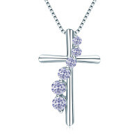 S925 Silver Cross Pendant with Pink Diamond and Sapphire Wholesale-[Cross] June (Light Purple)  925 Silver