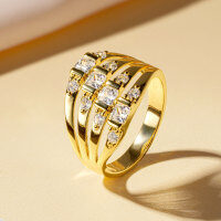 Zircon Geometric Design Three-Row Ring for Women, Light Luxury, Versatile Commuting Style-Four-row diamond ring [K yellow]  $8