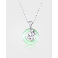 wholesale S925 Silver Yearly Abundance Fish Circle Peace Pendant National Style Retro Carp Leaping Over the Dragon Gate Necklace Pendant-003693-Green Single Pendant-Without Chain->S925 Silver