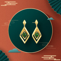 wholesale S925 Sterling Silver, Ancient Method Gold-Plated, New Chinese Style National Trend Earrings, Long Rhombus Imitation Jade Ear Drops-Ancient gold earrings