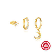wholesale S925 Sterling Silver Eight-Pointed Star Moon Pendant Ear Hoop Set with Classic European Evil Eye and Diamond Accents-3-piece set - Gold#4&gt;925 silver