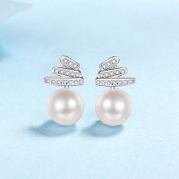 wholesale 925 Sterling Silver New Style Natural Freshwater Pearl Earrings with Micro-Paved Moissanite, Fashionable and Elegant Women's Earrings for Wholesale-8-9mm pearl/moissanite 15 points