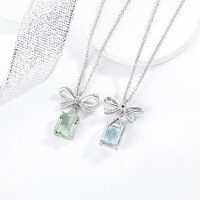 wholesale S925 Sterling Silver Bow-Shaped Zircon Necklace and Earrings Set, Light Luxury Fashion Earrings, Niche Design Elegant Collarbone Chain-xb1118-white gold blue diamond