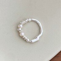 wholesale S925 Sterling Silver Crushed Silver Pearl Elastic Ring for Women, Fashionable Geometric Irregular Versatile Index Finger Jewelry-Silver Pearl Ring Adjustable opening