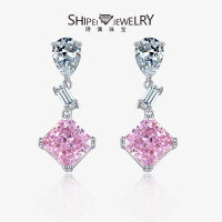 wholesale S925 Silver Alloy Simulated Diamond Earrings 5 Carat Square 10*10 High Carbon Diamond Ice Flower Cut Light Luxury Versatile-Padma color [E-1676] Main stone 10*10