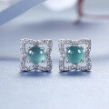 S925 Silver Inlaid Natural Weicui Blue Water Clover Stud Earrings-0-0