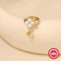 wholesale S925 Sterling Silver Four-Leaf Clover Floral Diamond-Studded Ear Crawler with Small Gold Bead Drop-0-3