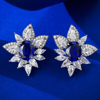wholesale S925 Sterling Silver 2ct Blue Sapphire and Ruby Oval Stud Earrings Classic Light Luxury Versatile Cross-Border-E333 Blue Diamond 925 Silver