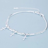 wholesale S925 silver cross bracelet for women, Korean-style small fresh and simple, silver-plated round tube and bead double-layer bracelet-xb1080-white gold