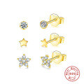 wholesale S925 Sterling Silver Round Star Stud Earrings Set of 3, Inlaid with Diamonds,Ins。-0-0