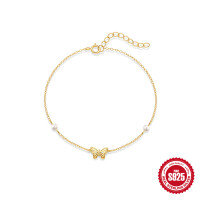 wholesale S925 Sterling Silver Pearl Beaded Diamond Butterfly Bracelet, Korean Fashion, Minimalist Small Chain Accessory-Gold 925 silver
