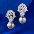 wholesale Metal: 925 Silver New style synthetic 11mm gray pearl earrings, vintage fashion, hot seller on TikTok-0-0