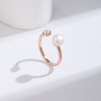 wholesale Metal material minimalist fresh water pearl ring for women, openable adjustable zircon ring,-Rose gold Adjustable opening