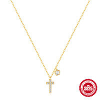 wholesale 925 Sterling Silver Exquisite Flower Cross Diamond Pendant Choker Necklace,INS-Gold 925 silver