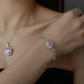 wholesale Metal material, oval-shaped pink diamond bracelet and necklace, vintage Chinese style, elegant and fashionable, niche high-end jewelry-0-0