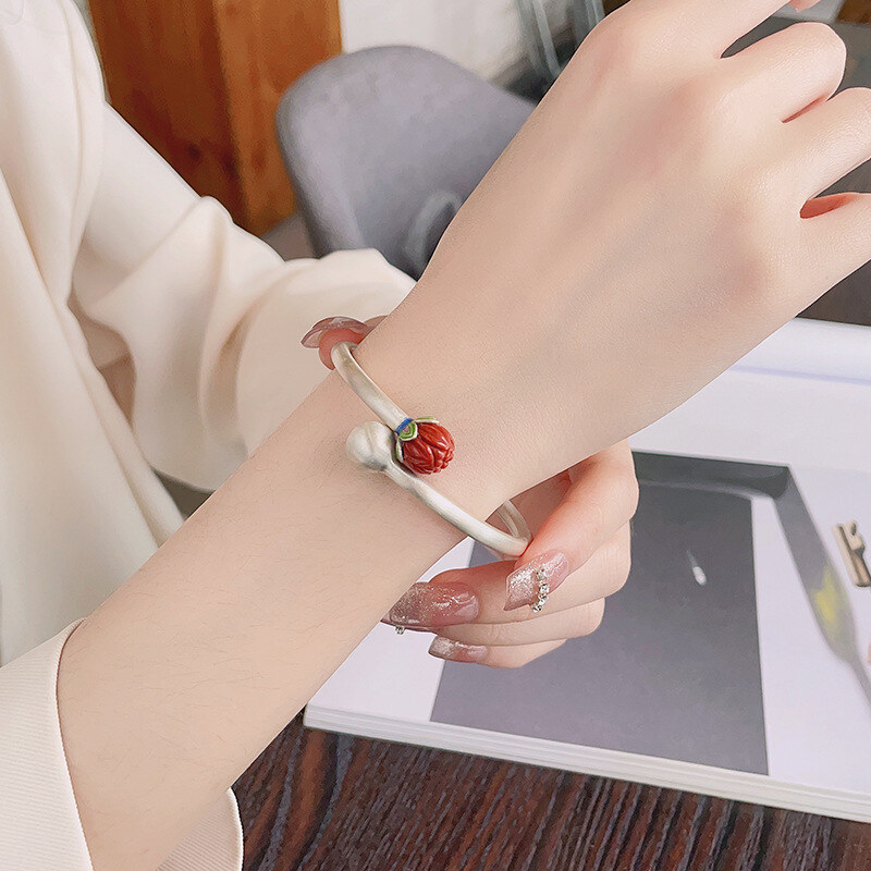 wholesale S990 Sterling Silver Vintage Matte Finish Southern Red Agate Flower Bud Lotus Pod Ethnic Style Adjustable Bangle-0-3