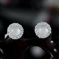 wholesale 925 Silver Poetry Jewelry New Translucent Round White Foam Color 5mm Minimalist Chalcedony Stud Earrings for Women-White foam color [E3689] Main stone 5mm