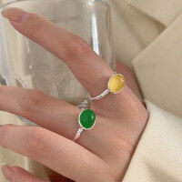 wholesale S925 Sterling Silver Adjustable Chalcedony Open Ring for Women, Korean Summer New Small-Breakthrough Style Versatile Elegant Ring-Emerald green model (full sterling silver + opening)