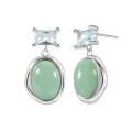 wholesale S925 Sterling Silver 590 New Chinese Style Small and Unique Geometric Oval Inlaid Diamond Aventurine Earrings for Women-0-4
