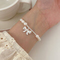 wholesale S925 Sterling Silver Natural Baroque Pearl Bow Bracelet for Women, Korean Hit Minimalist Niche Accessory-0-2