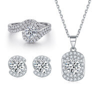 wholesale S925 Sterling Silver European Style Three-Piece Set: Stackable Diamond Rings, Full Pavé Zirconia Stud Earrings, and Pendant Necklace for Women - Wholesale-Earrings TLED106 925 silver