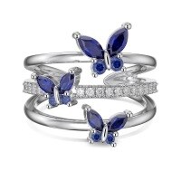 wholesale S925 Sterling Silver New Korean Style Open Adjustable Ring for Women, Surrounding Butterfly Zirconia Inlaid Hollow Stackable Ring for Wholesale-White gold blue diamond DY120965-SW-BA Adjustable opening
