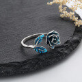wholesale S925 Sterling Silver Vintage Bohemian Blue Enamel Rose and Leaf Design Open Adjustable Ring Elegant Style-0-3