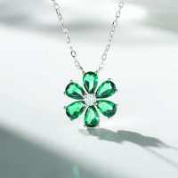 Sterling Silver Necklace with Flower Pendant and Zircon Chain-Six-flower green necklace  925 silver