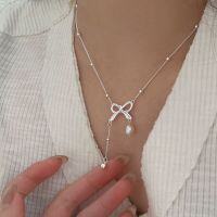 wholesale S925 Sterling Silver Bow Necklace for Women, Korean New Design High-End Baroque Pearl Collarbone Chain-Silver-Pure Silver + Natural Pearls