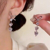 wholesale S925 Sterling Silver Three-Heart Diamond-Inlaid Bow Love Earrings Trendy Fashion Luxury Elegant Earrings-Three-linked heart bow earrings (price not including silver)  925 silver