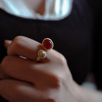 wholesale S925 Sterling Silver Entirely Red Elk French Vintage Red Bead Ring for Women, Adjustable Index Finger Ring, Light Luxury and Sophisticated-BZ0336-Gold Adjustable opening