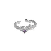wholesale S925 Sterling Silver Korean Version Ins Niche Design Asymmetric Micro-Set Zirconia Textured Open Ring for Women-Platinum [Purple Stone] &gt; Opening adjustable