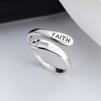 wholesale 925 Silver Vintage FAITH Cross Ring Korean Minimalist Style Ins Index Finger Ring for Women-255J/approx. 1.8g Adjustable opening