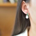 wholesale Sterling Silver with Certificate New Chinese Style Ancient Enamel Bamboo Joint Leaf Inlaid Hetian Jade Bead Jade Earrings Ear Studs for Women-0-6