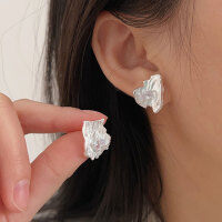 wholesale S925 metal Korean-style irregular inlaid earrings for women, small and trendy asymmetrical earrings with a high-end feel-Sterling silver