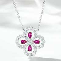 925 Silver Four-Leaf Clover Necklace Women's Red Gangyu Full Diamond High-End Craftsmanship Clavicle Chain-Rose Red Diamond  925 Silver