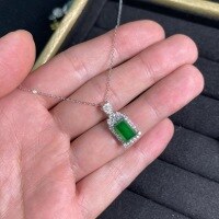 wholesale S925 sterling silver set with natural green chalcedony plain pendant necklace, full green new Chinese style yang green jadeite sweater chain-Platinum 925 silver