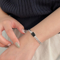 wholesale S925 Sterling Silver with Black Onyx Bracelet Watch Band for Women, Korean Dongdaemun New Style Popular Niche Minimalist Accessory-Sterling silver