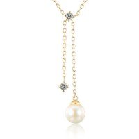 wholesale 18K Gold and 9K Rose Gold Freshwater Natural Pearl Minimalist Tassel Collarbone Necklace Gift-White Gold 9K-Moissanite (excluding pearls)
